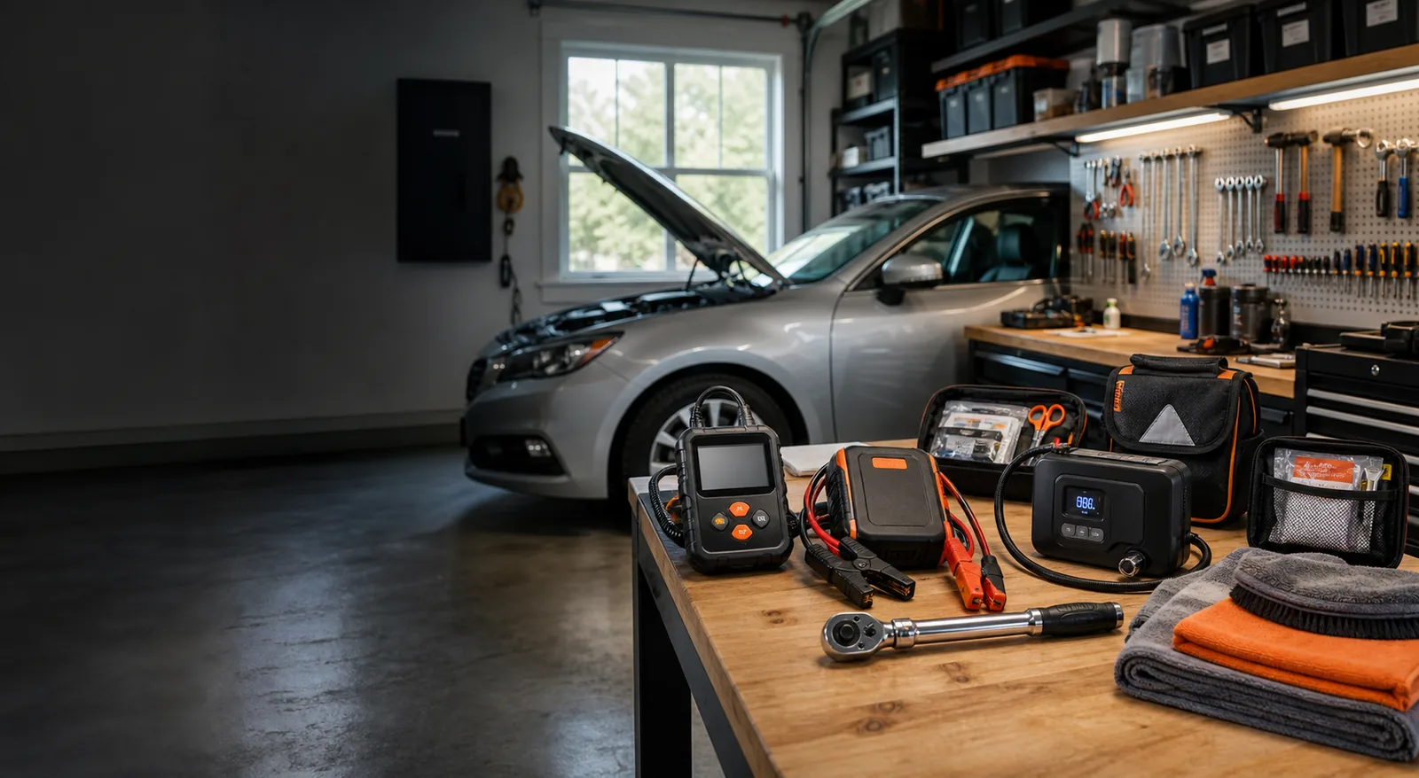 Automotive tools and diagnostic equipment arranged in a home garage