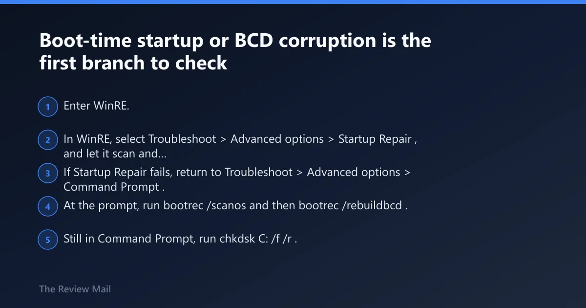Steps: Boot-time startup or BCD corruption is the first branch to check