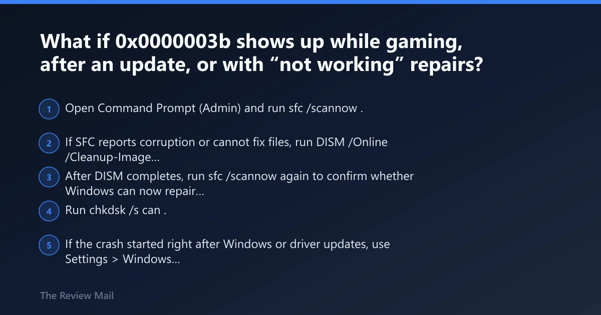 Steps: What if 0x0000003b shows up while gaming, after an update, or with “not working” repairs?