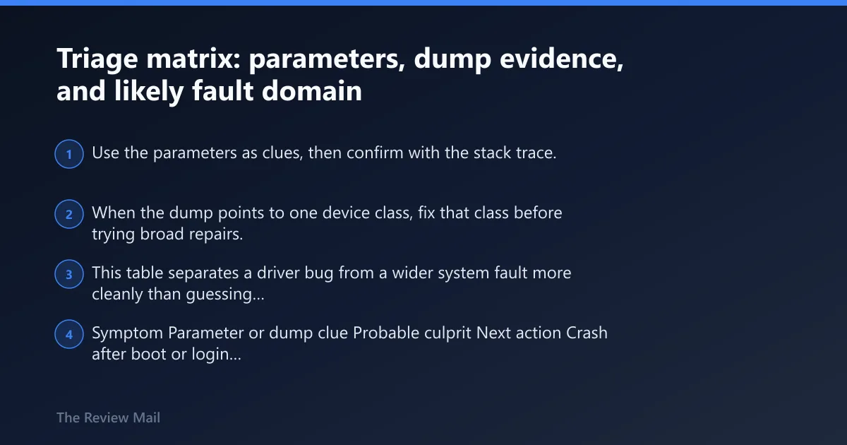 Steps: Triage matrix: parameters, dump evidence, and likely fault domain