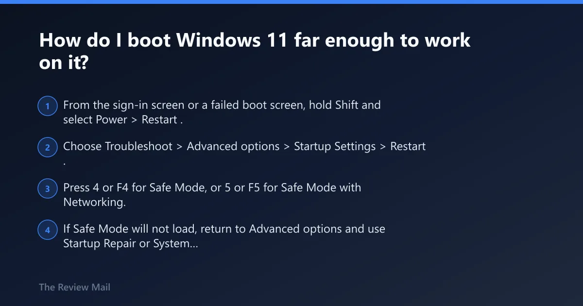 Steps: How do I boot Windows 11 far enough to work on it?