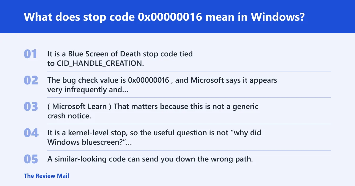 Steps: What does stop code 0x00000016 mean in Windows?