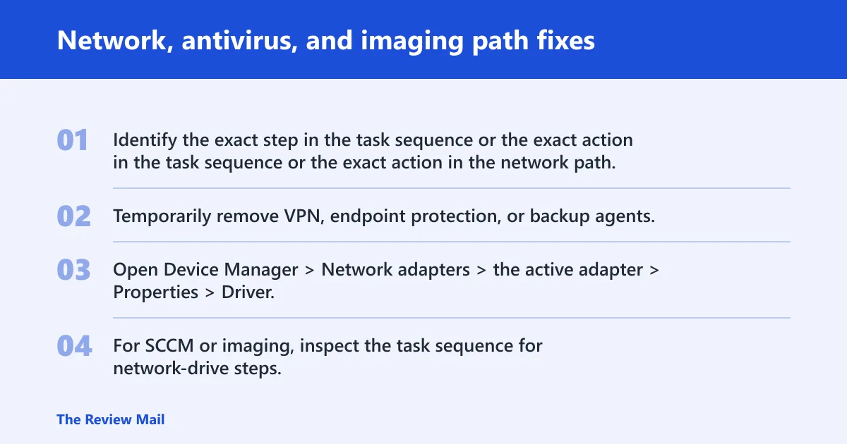 Steps: Network, antivirus, and imaging path fixes