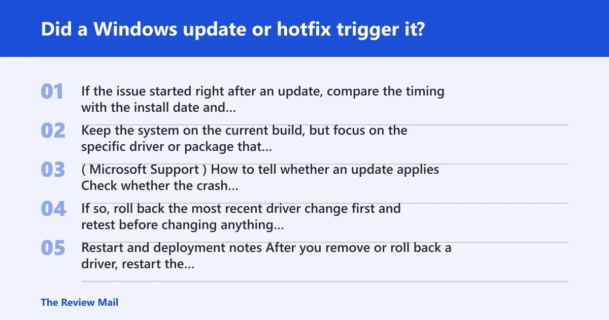 Steps: Did a Windows update or hotfix trigger it?