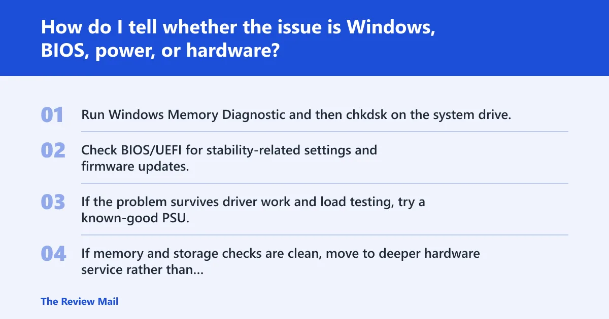 Steps: How do I tell whether the issue is Windows, BIOS, power, or hardware?