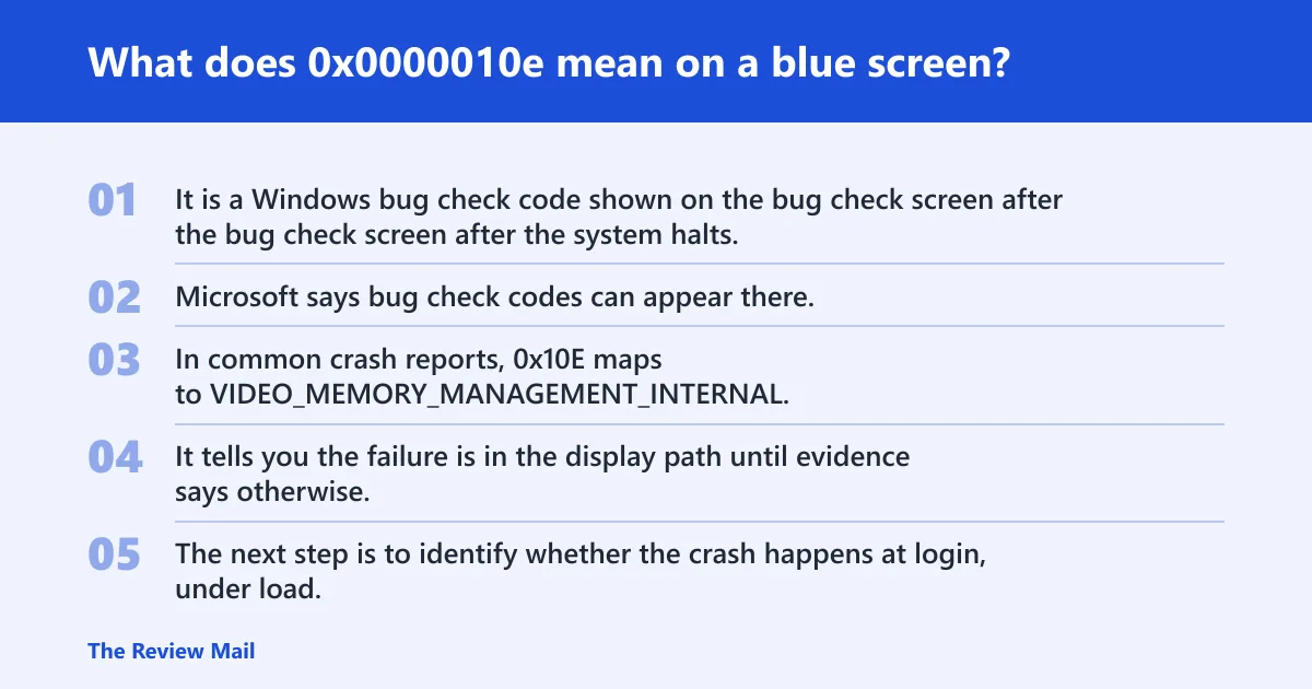 Steps: What does 0x0000010e mean on a blue screen?
