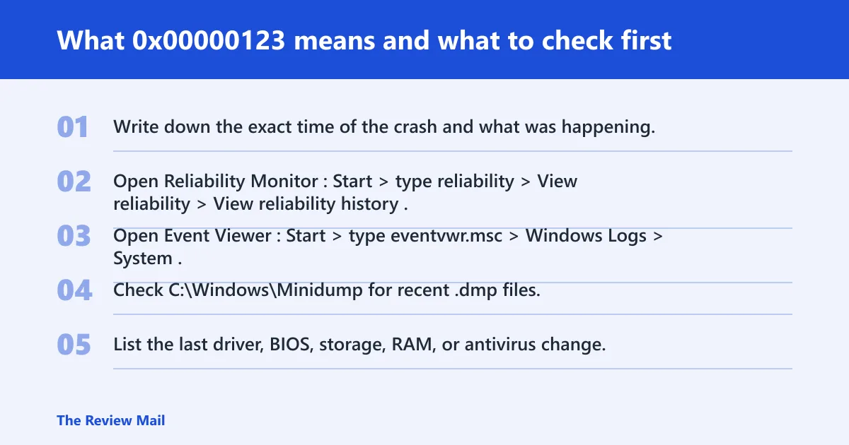 Steps: What 0x00000123 means and what to check first