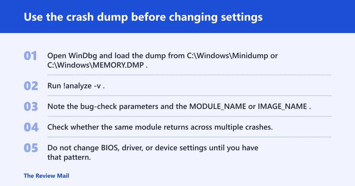 Steps: Use the crash dump before changing settings