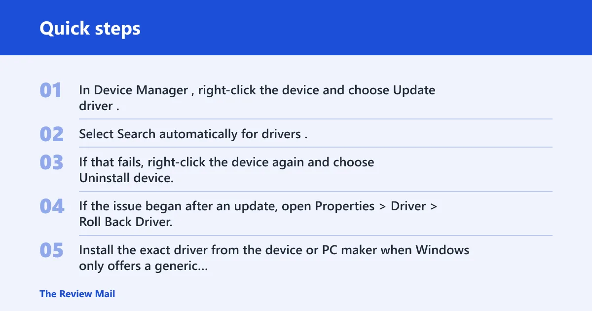 Quick steps: Step 2: Update, reinstall, or roll back the driver