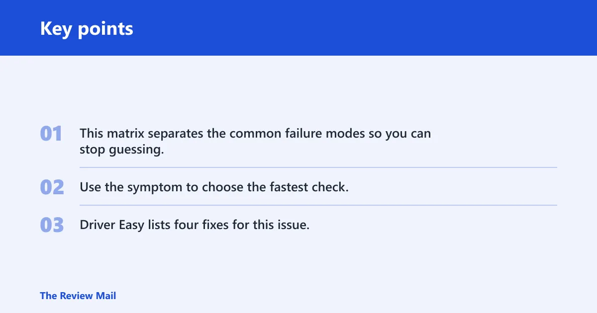 Key points: Network adapter troubleshooting matrix