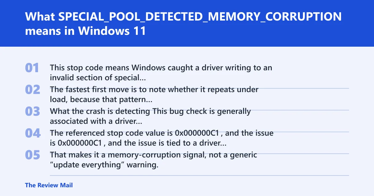 Steps: What SPECIAL_POOL_DETECTED_MEMORY_CORRUPTION means in Windows 11