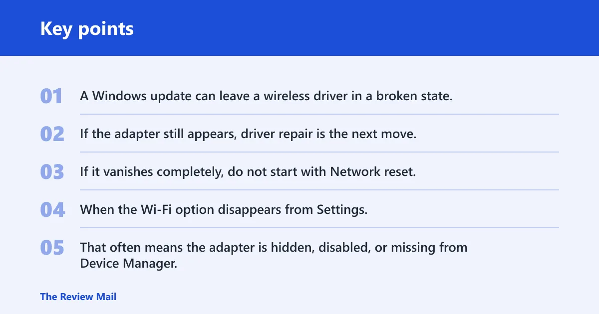 Key points: Why did my Wi‑Fi adapter disappear?